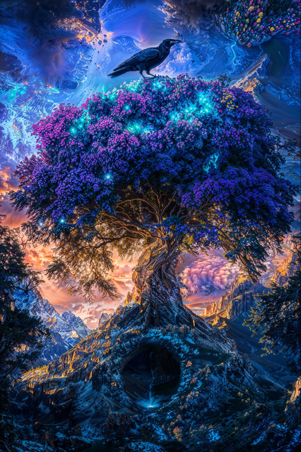 Sacred tree, colorful vibrant AI art