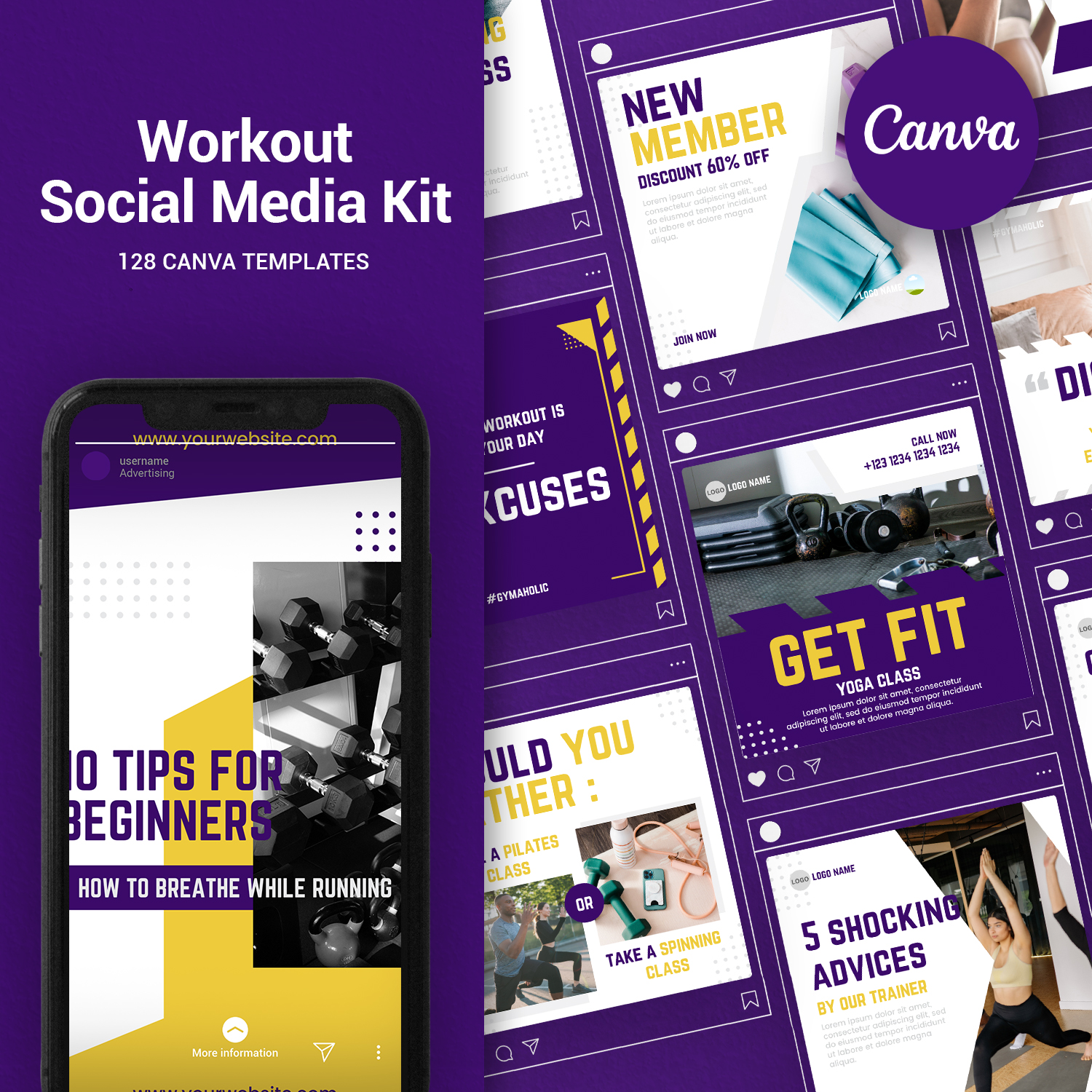 128 Fitness Workout Social Media Canva Templates - Payhip