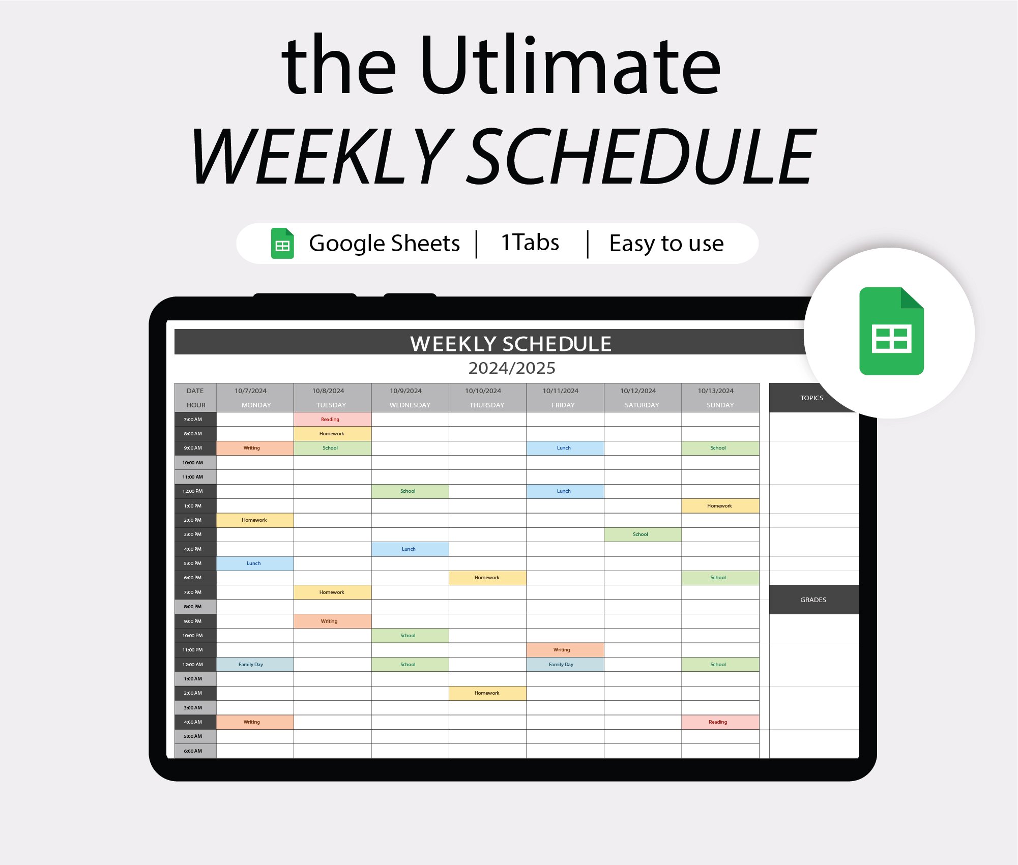 Hourly Weekly Schedule,Google Sheets, weekly schedule template editable