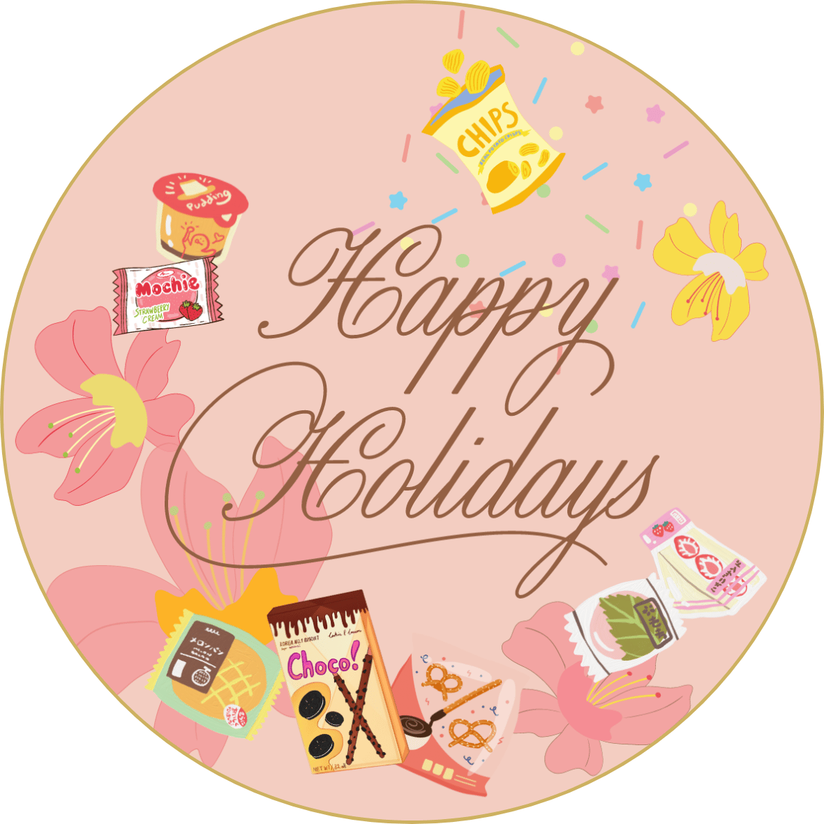 Customizable Nostalgic Asian Sweets Holiday Circle Sticker | Digital Canva Template.  Design view