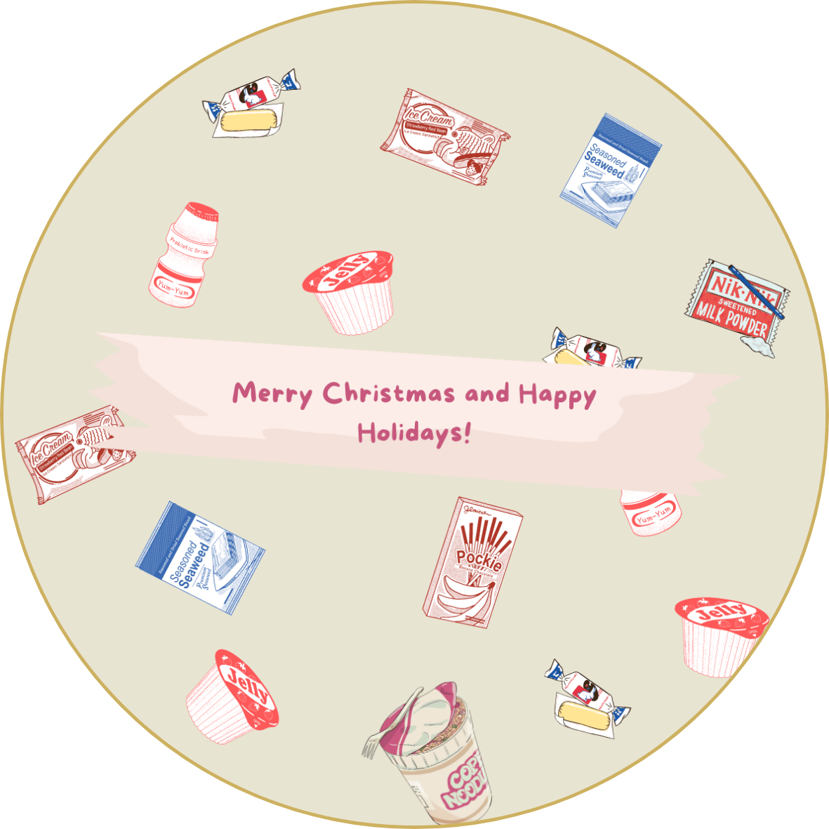 Customizable Nostalgic Line Art Asian Sweets Circle Sticker | Digital Canva Template. Design