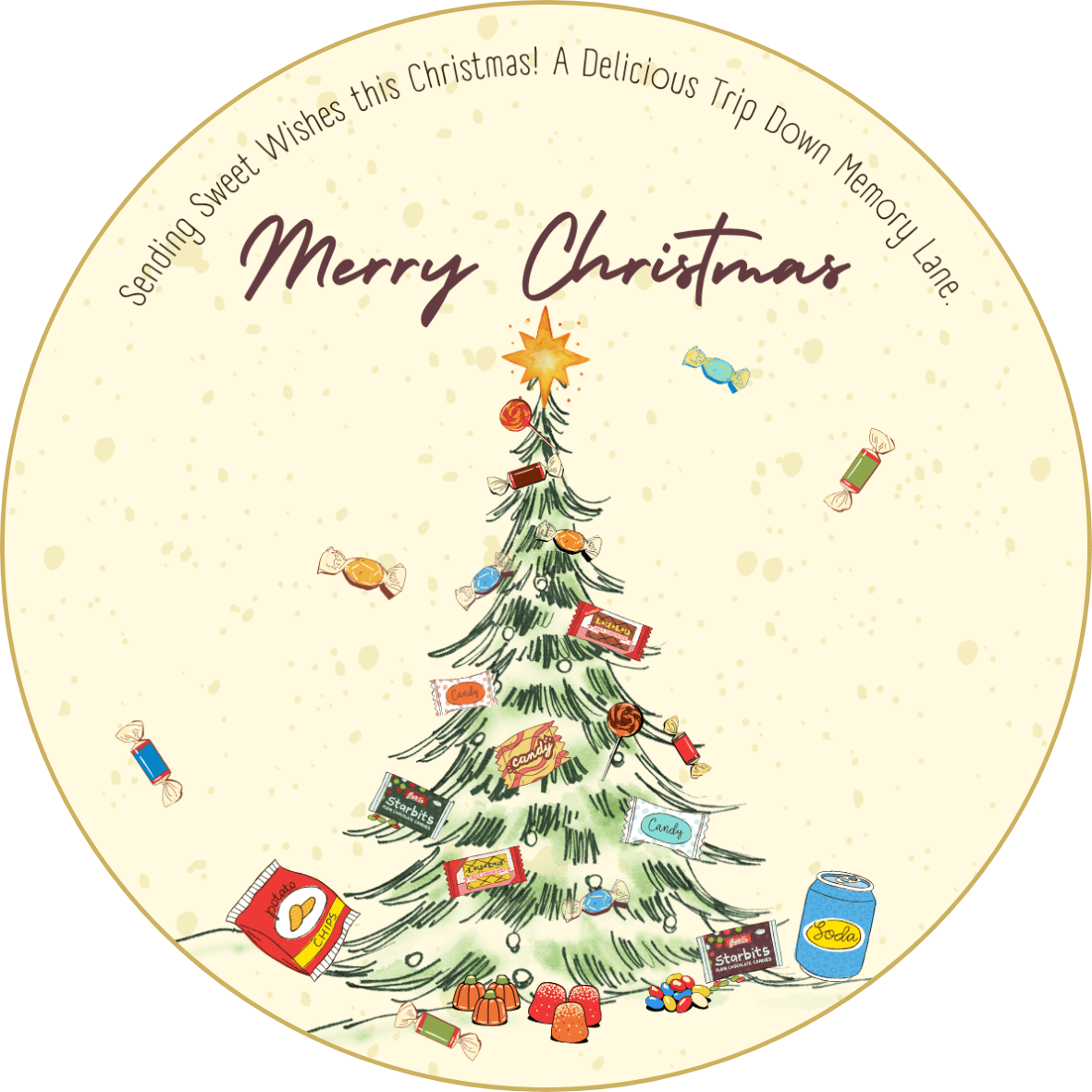 Customizable Nostalgic Christmas Tree with Sweets Circle Sticker | Digital Canva Template. Design