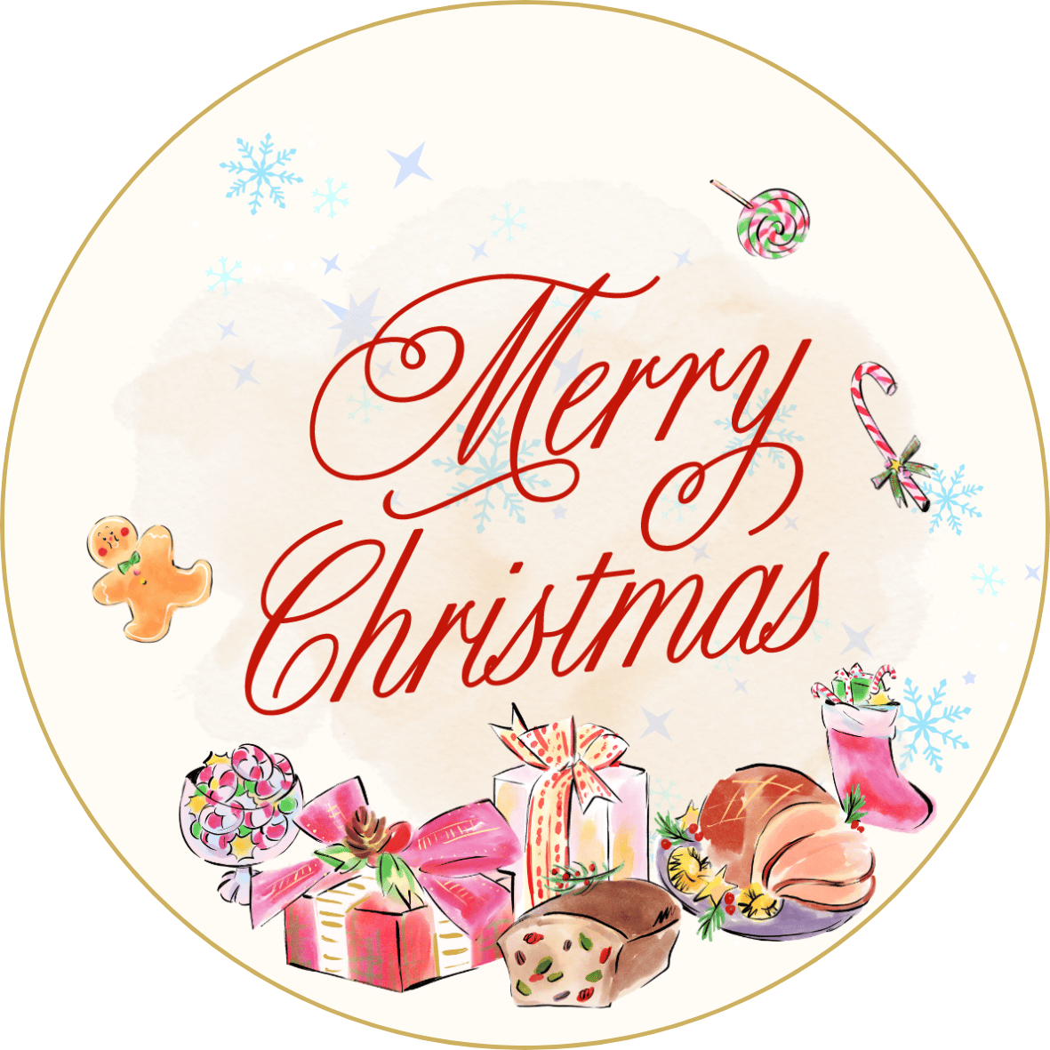Customizable Cheerful Watercolor Christmas Feast Circle Sticker | Digital Canva Template. Design