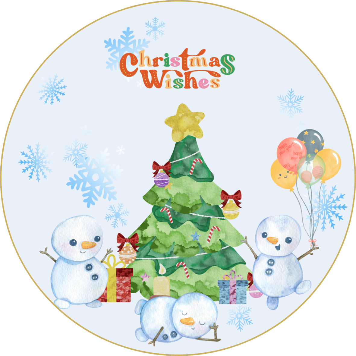Customizable Cute Snowmen Christmas Wishes Circle Sticker | Digital Canva Template. Design