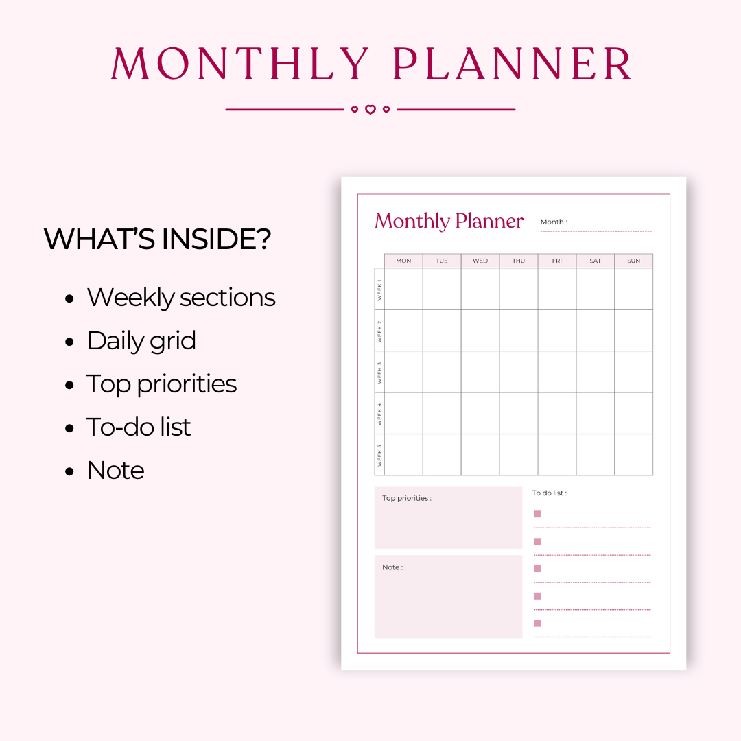 Monthly planner template with sections for weekly sections, daily grid, top priorities, to-do list, and notes. Includes days of the week from Monday to Sunday. Perfect for monthly organization and planning.