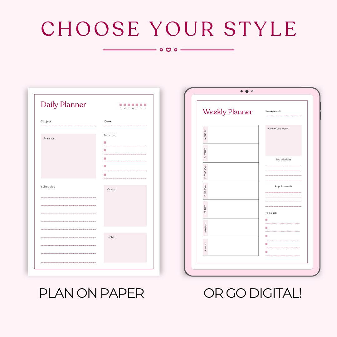 Choose your style: Daily planner and weekly planner shown side-by-side. The daily planner is a physical paper planner, while the weekly planner is displayed on a digital tablet. Both planners feature sections for goals, tasks, appointments, and notes.