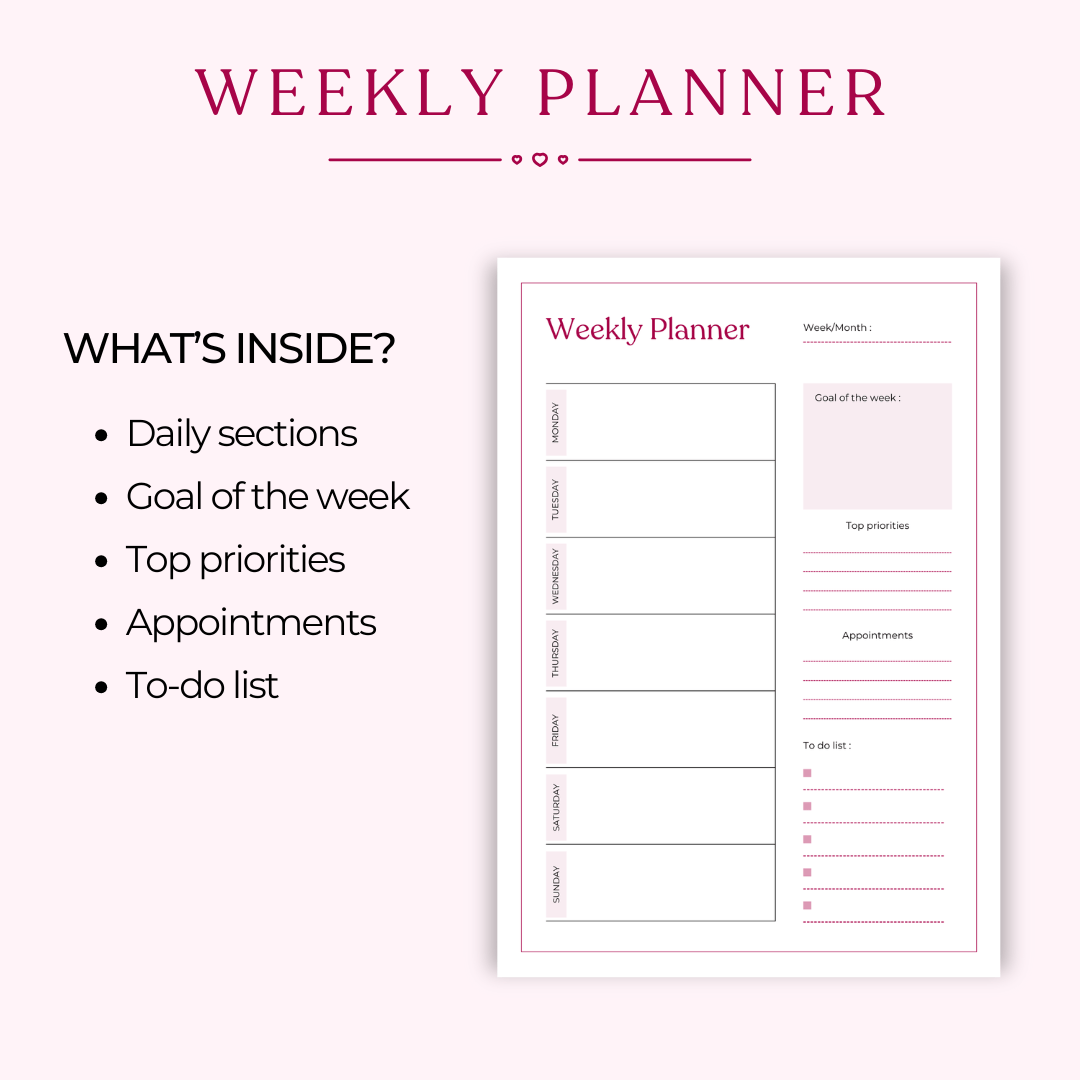 Weekly planner template with sections for daily sections, goal of the week, top priorities, appointments, and to-do list. Includes days of the week from Sunday to Monday. Perfect for weekly organization and planning.