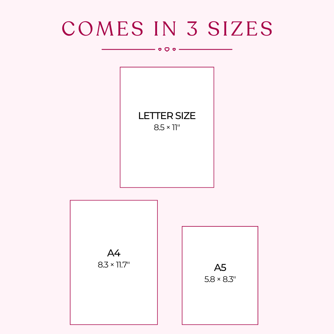 planner printable bundle Available in 3 sizes: Letter size (8.5 x 11 inches), A4 (8.3 x 11.7 inches), and A5 (5.8 x 8.3 inches).