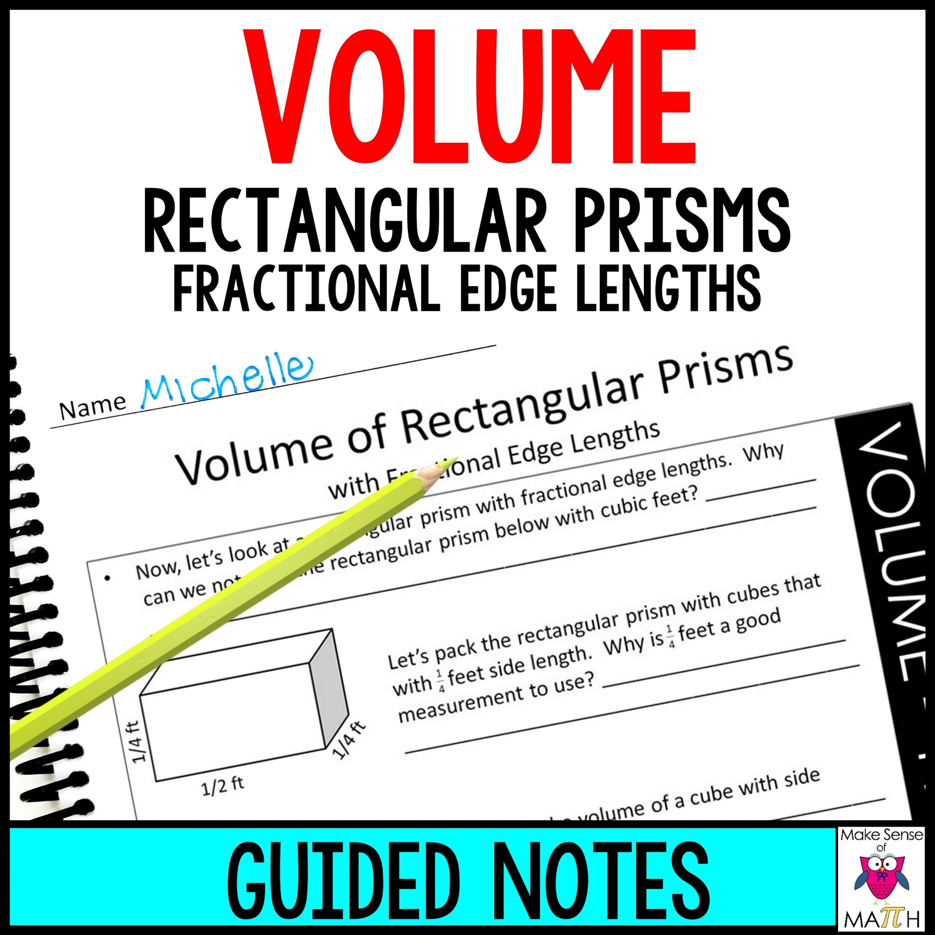 Volume of Rectangular Prisms with Fractional Edge Lengths Guided Notes ...