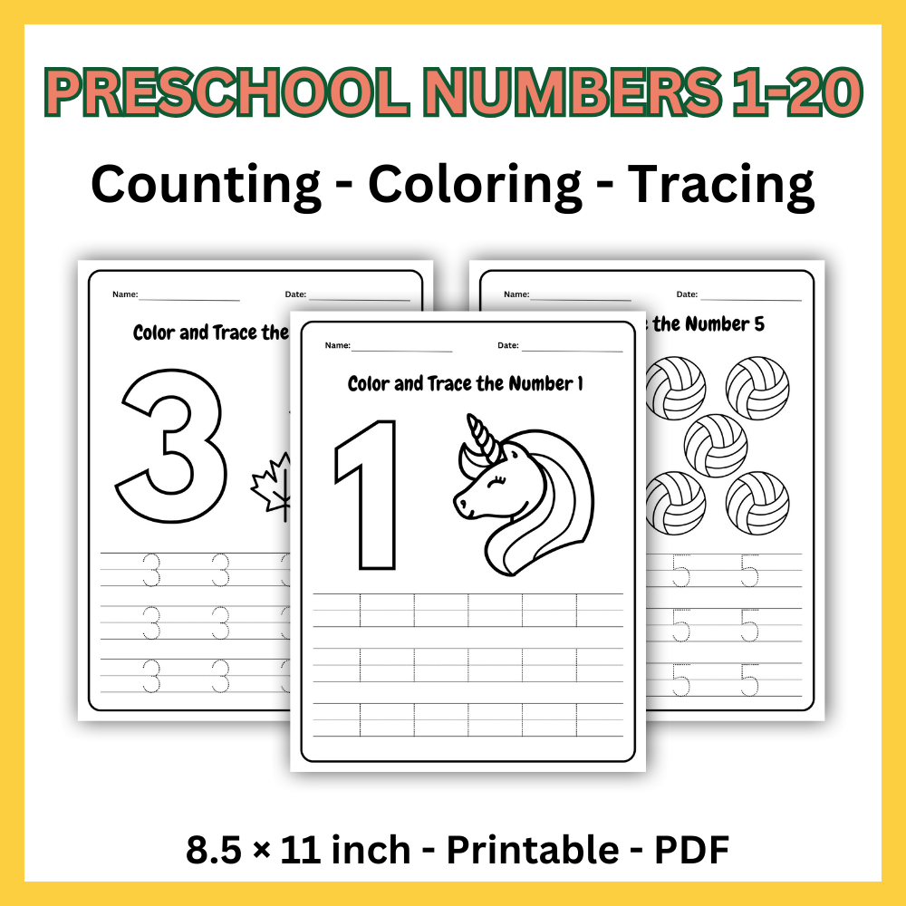 Coloring and Tracing the Numbers 1 to 20 Worksheets, Kindergarten, Preschool  - Payhip, image size:1000x1000