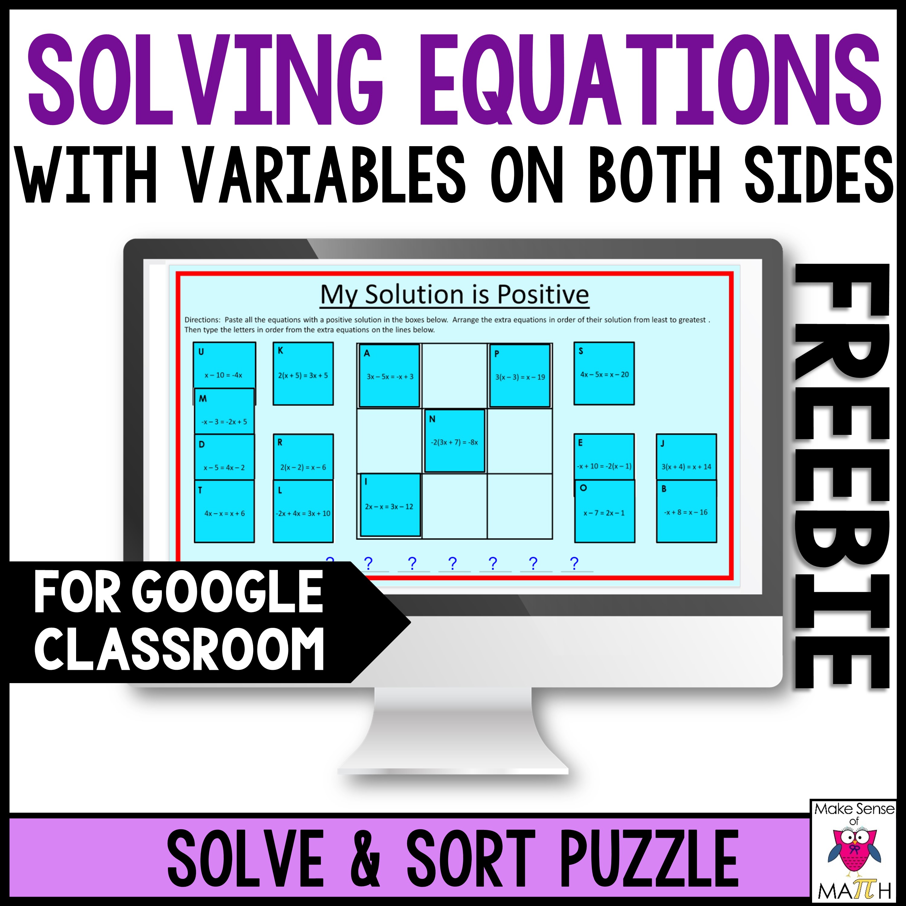 Solving Equations with Variables on Both Sides Puzzle Digital Google ...