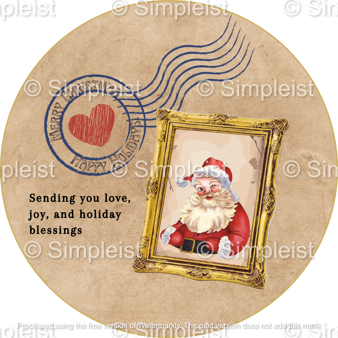 Customizable Vintage Santa Postcard Circle Sticker | Digital Canva Template. Design