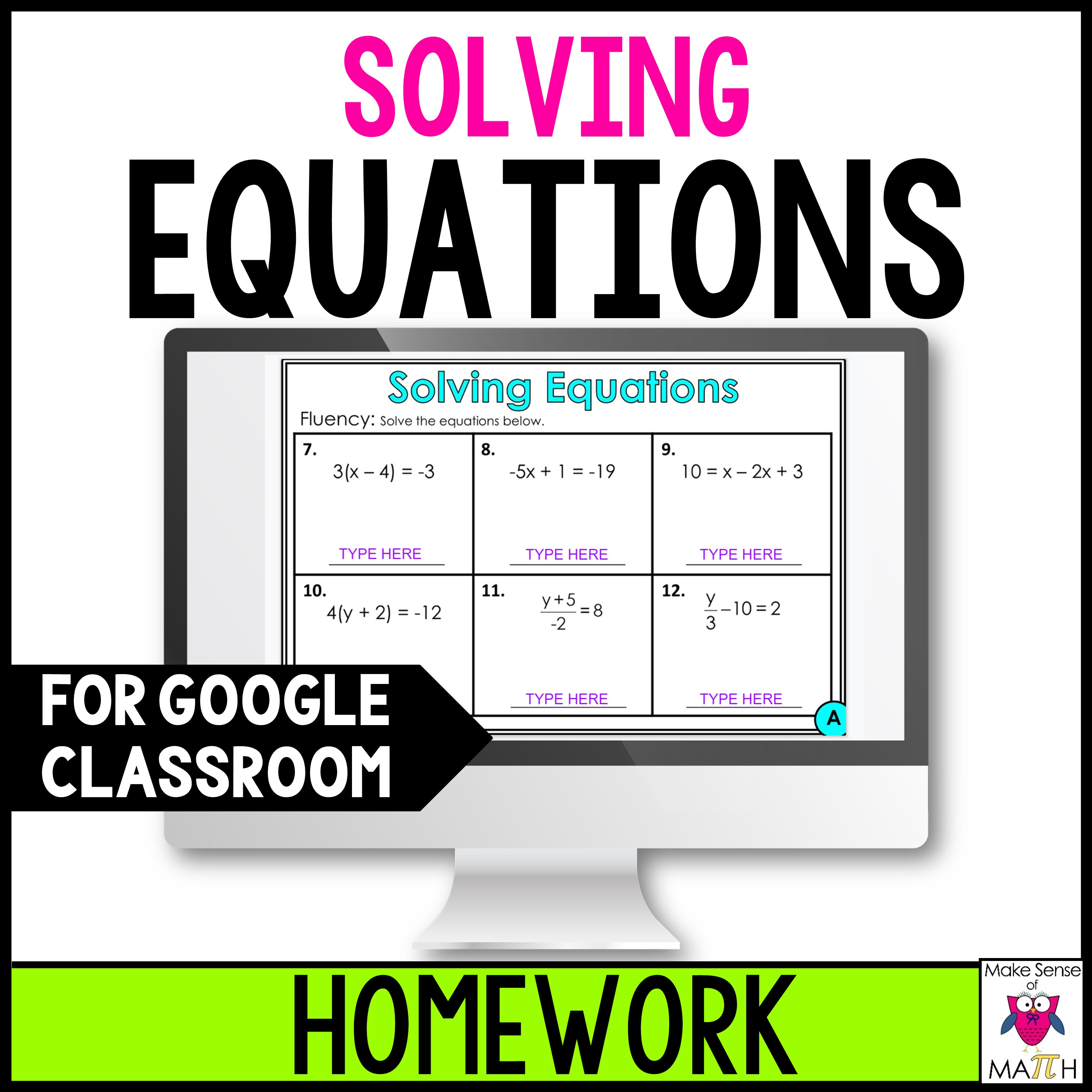Alexa Math Homework Solving Equations Digital Worksheets | Google Classroom Math Homework