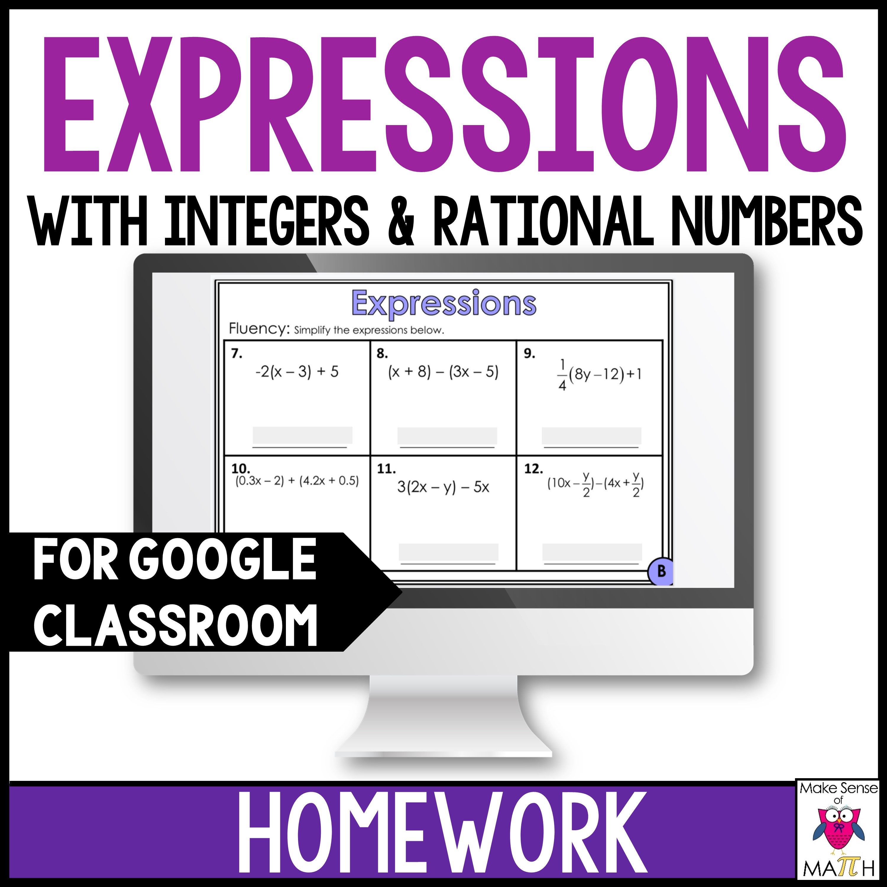 Simplifying Expressions Digital Worksheets | Google Classroom Math Homework