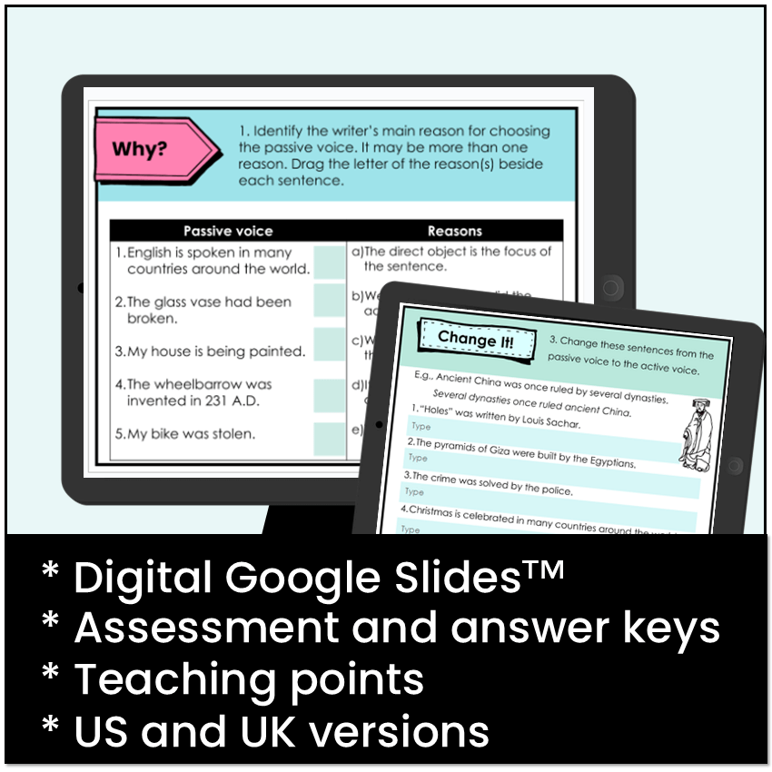 Digital Google Slides to practice active and passive voice, plus assessment and answer keys.