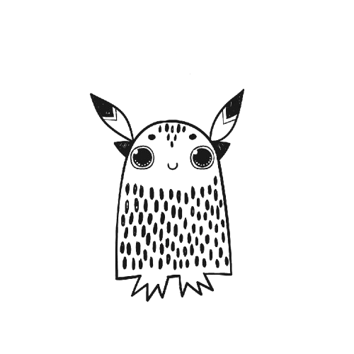 Ilustración monstruo en blanco y negro-forma de fanstasma con plumas-kawaii