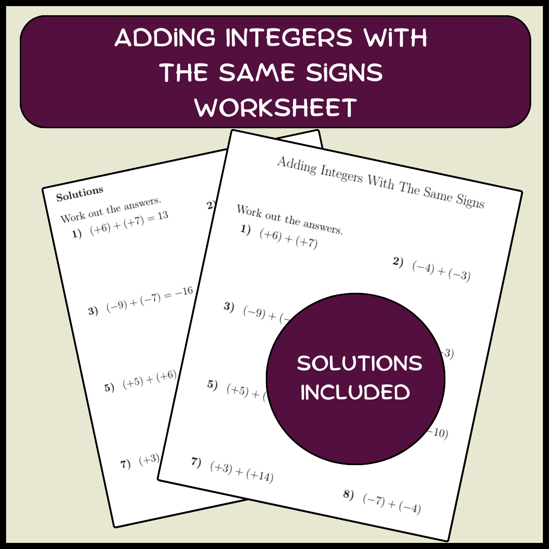 Adding Integers With The Same Signs Worksheet (wit solutions)