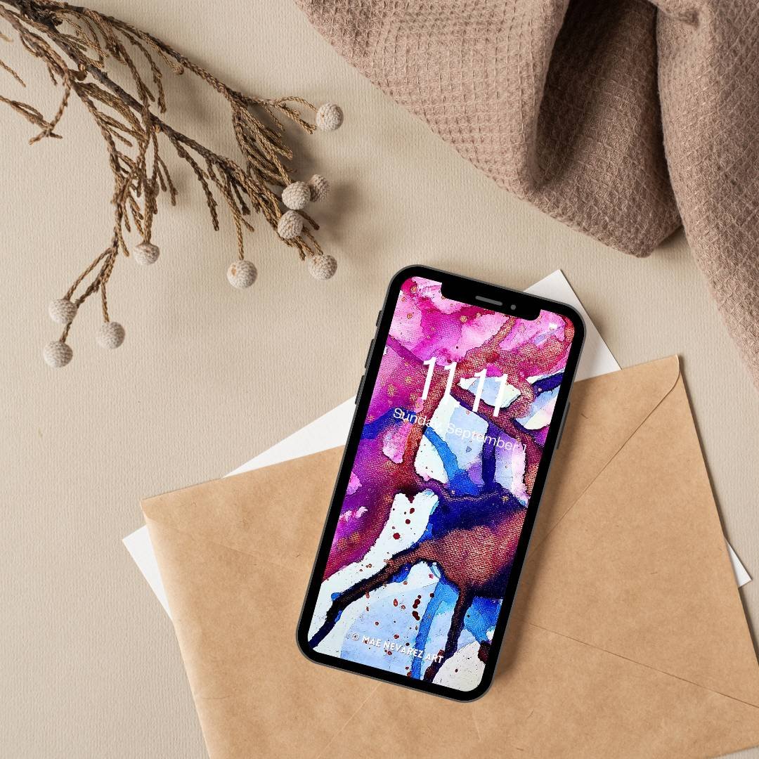 Digital wallpaper of abstract art 'Nebula I,' featuring vivid swirls of blue, magenta, violet, and bronze metallic details.