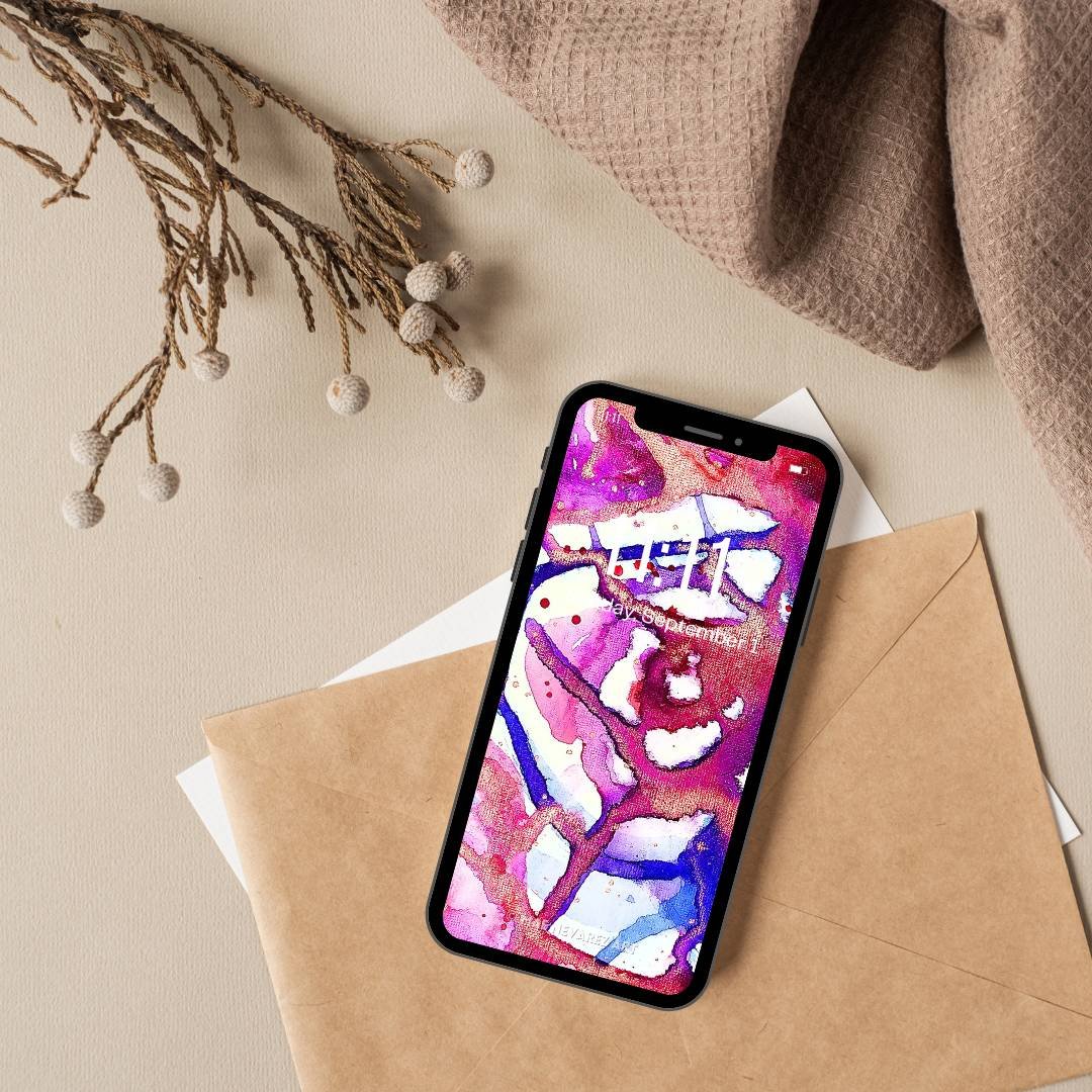 Digital wallpaper of abstract art 'Nebula I,' featuring vivid swirls of blue, magenta, violet, and bronze metallic details.