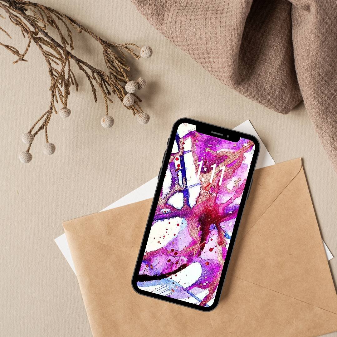 Digital wallpaper of abstract art 'Nebula I,' featuring vivid swirls of blue, magenta, violet, and bronze metallic details.