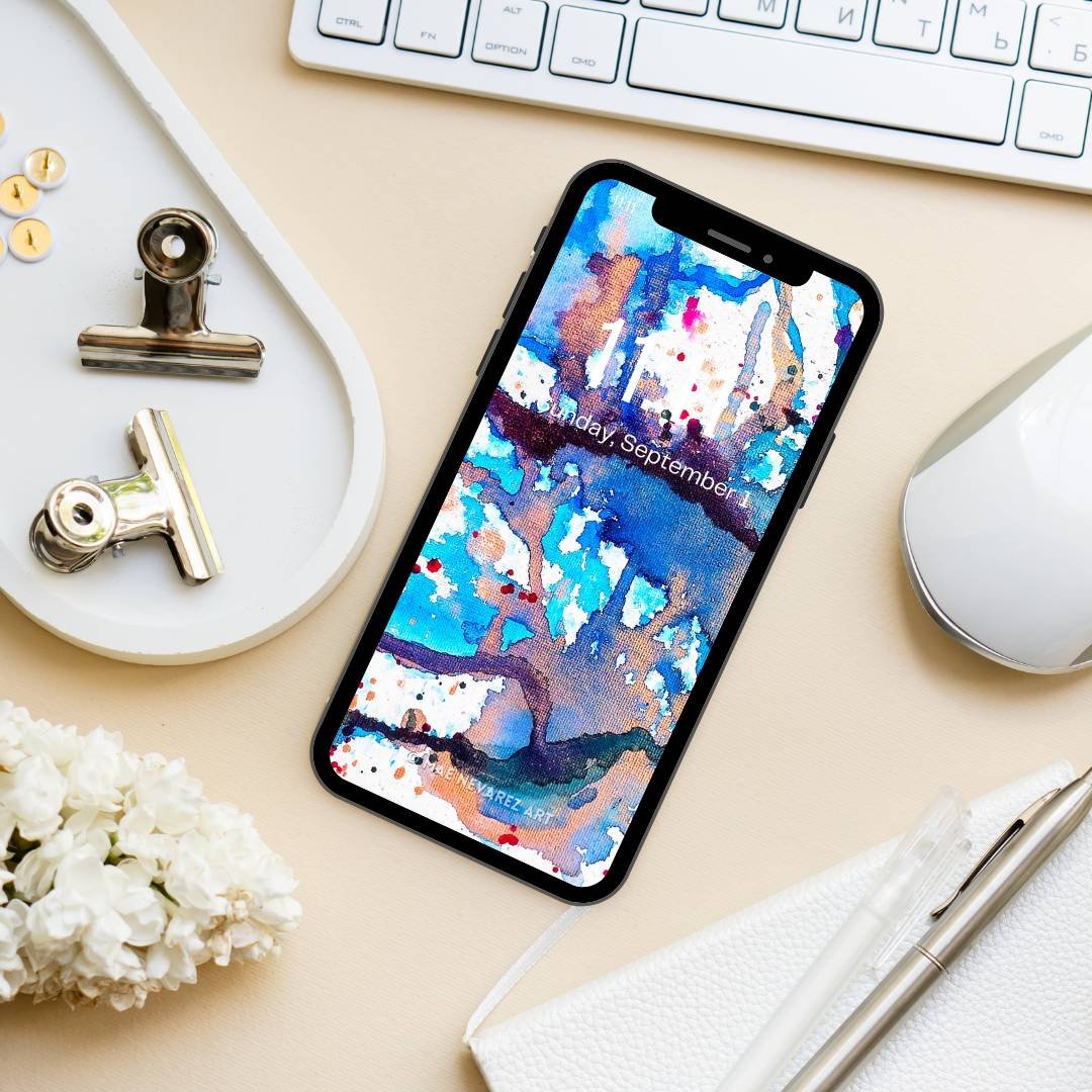 Digital wallpaper of abstract art 'Nebula II,' showing dynamic blue and violet tones with metallic bronze highlights for vibrant contrast.