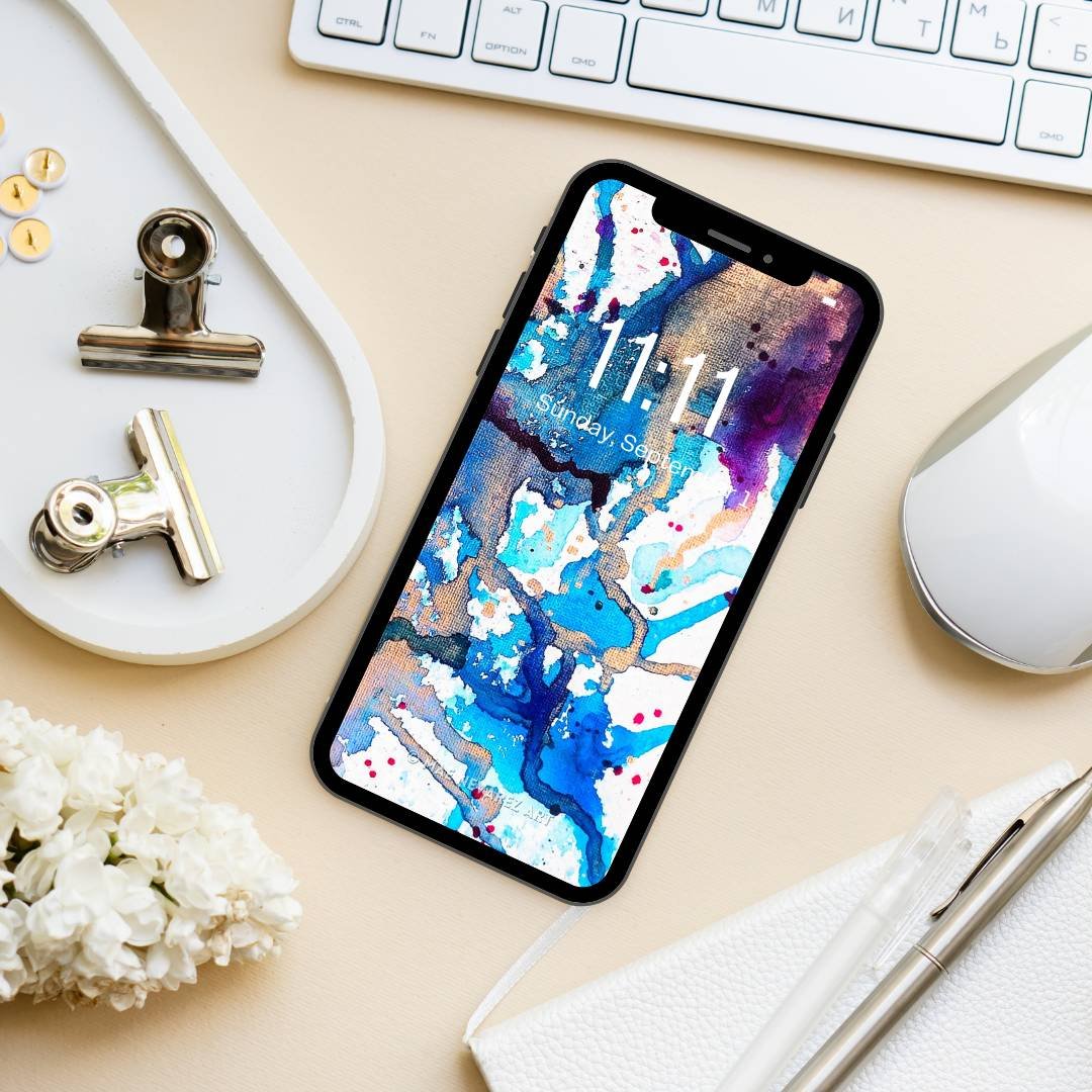 Digital wallpaper of abstract art 'Nebula II,' showing dynamic blue and violet tones with metallic bronze highlights for vibrant contrast.