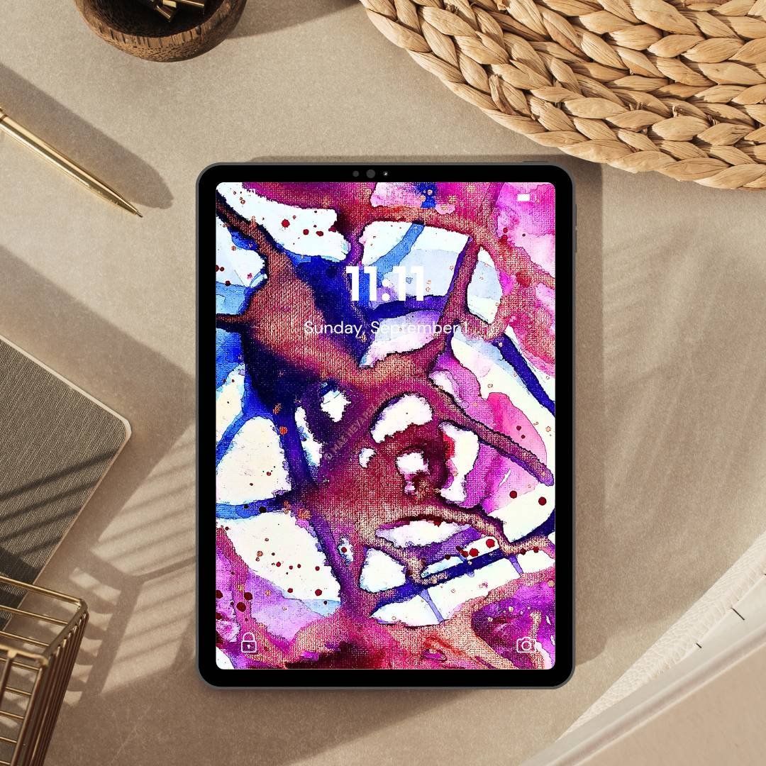 Abstract tablet wallpaper with vibrant blue, violet, and bronze colors, inspired by a cosmic nebula design with metallic highlights.