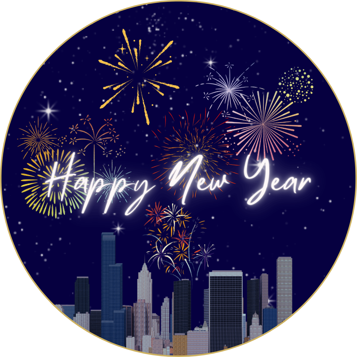 Customizable City Skyline Fireworks Circle Sticker | Digital Canva Template. Design