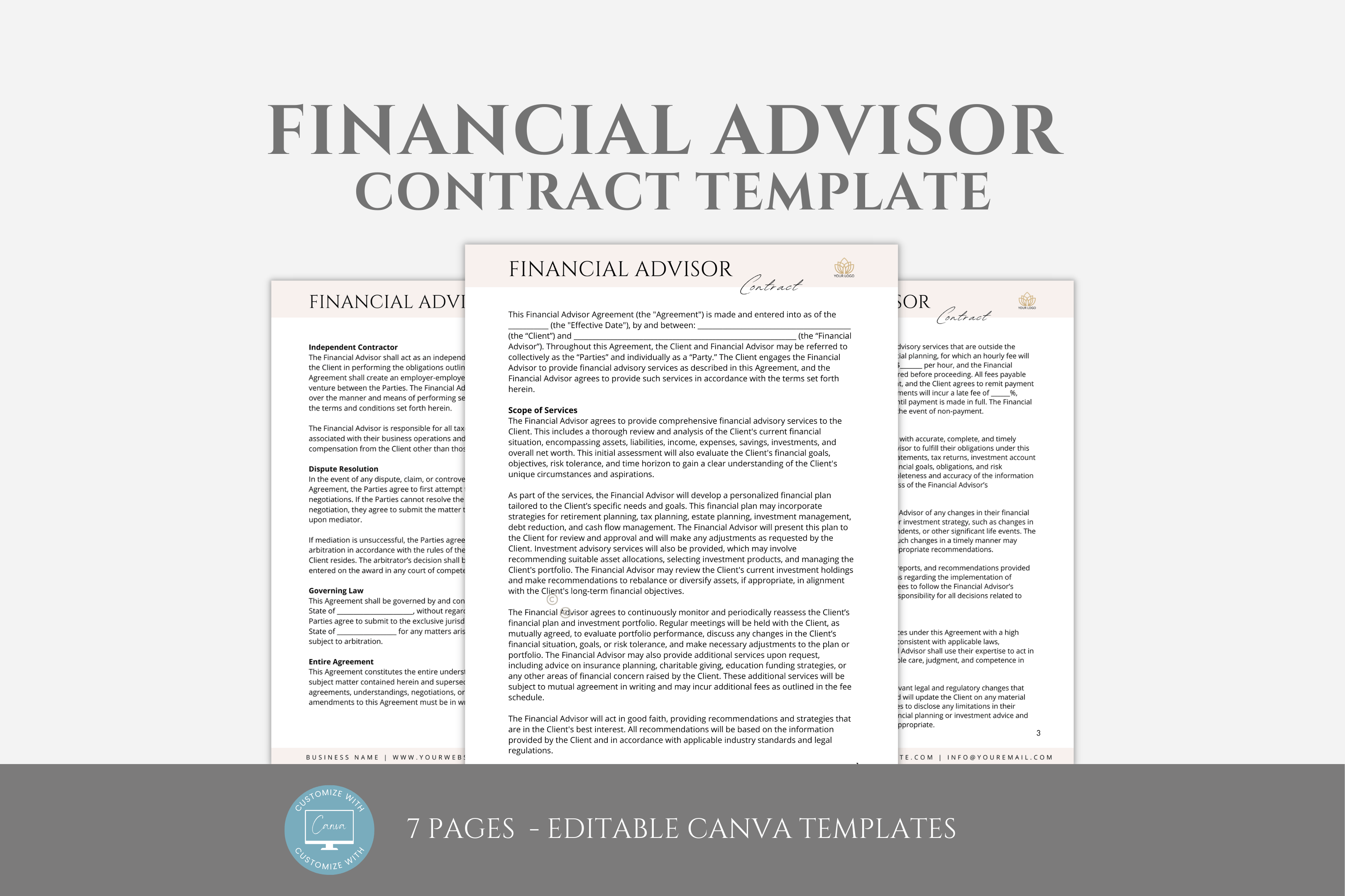 Editable Financial Advisor Contract Template, Financial Coach Service ...