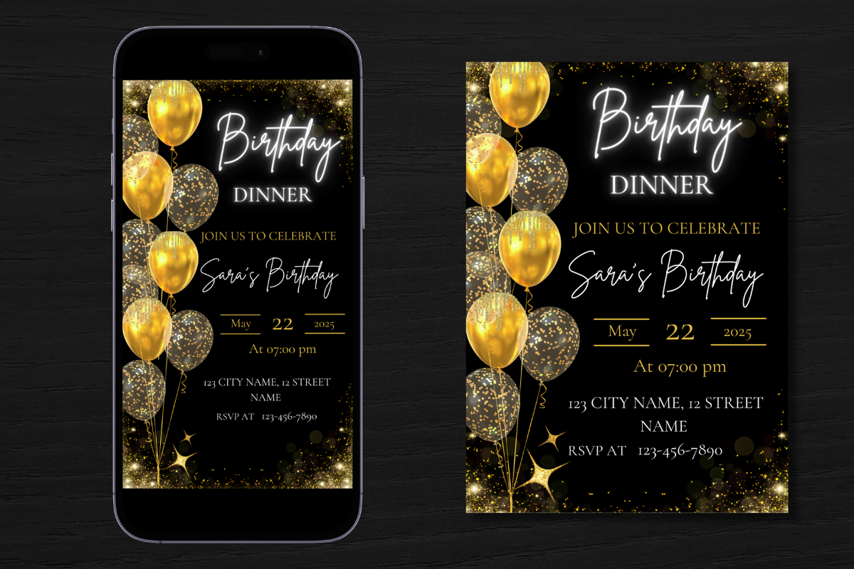 Editable gold black Digital Birthday Dinner Invitation