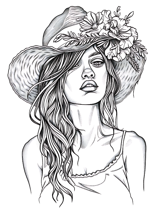 Beautiful Girl With Floral Hat Coloring Pages
