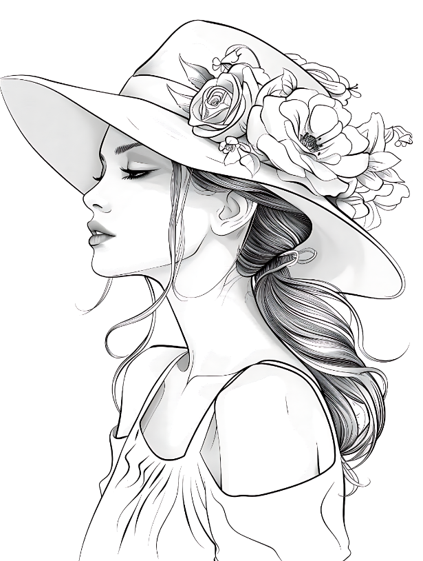 Beautiful Girl With Floral Hat Coloring Pages