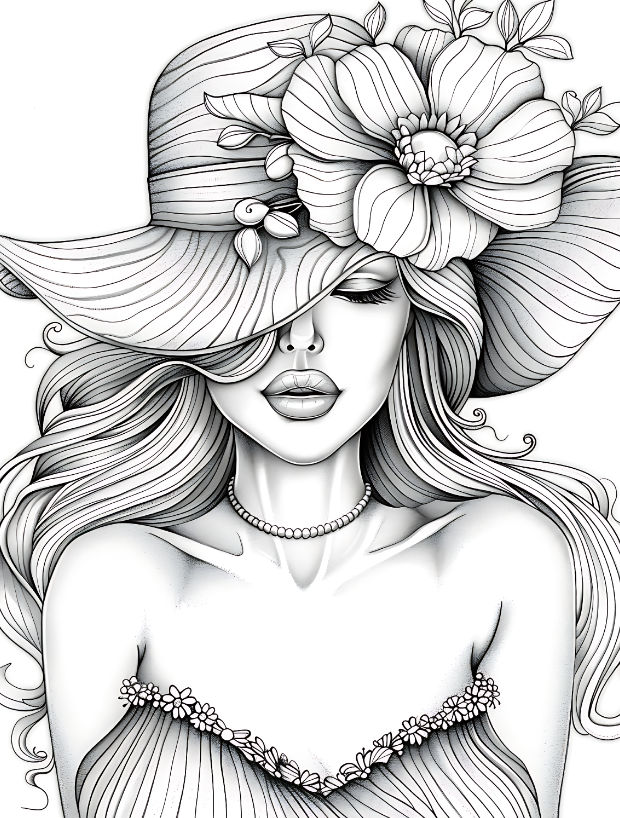 Beautiful Girl With Floral Hat Coloring Pages