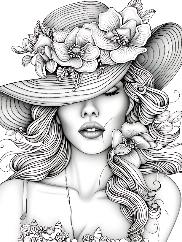 Beautiful Girl With Floral Hat Coloring Pages