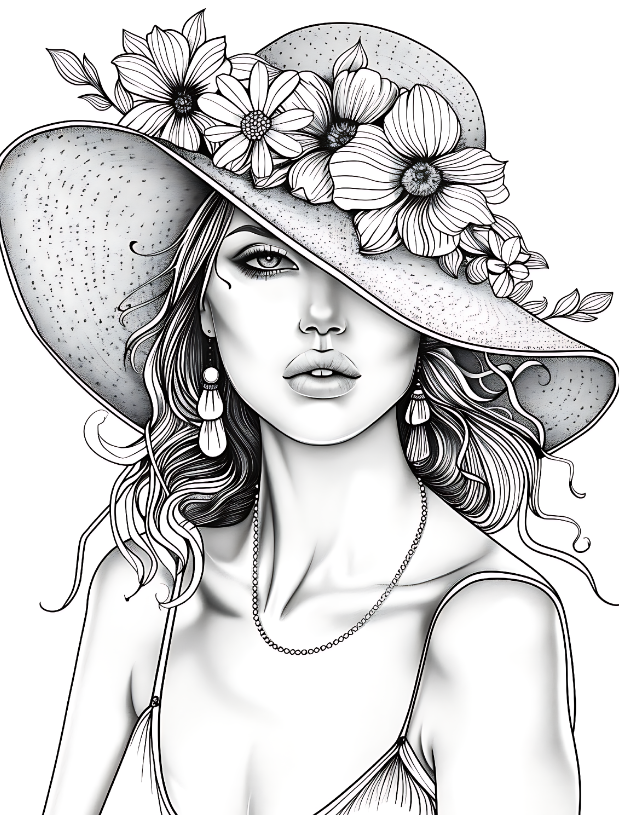 Beautiful Girl With Floral Hat Coloring Pages