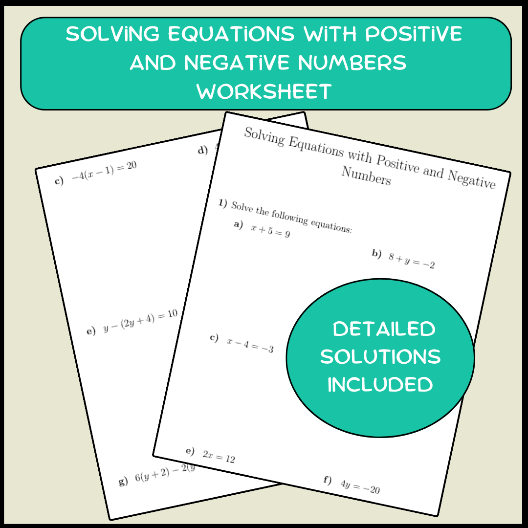 Solving Equations with Positive and Negative Numbers Worksheet (with ...