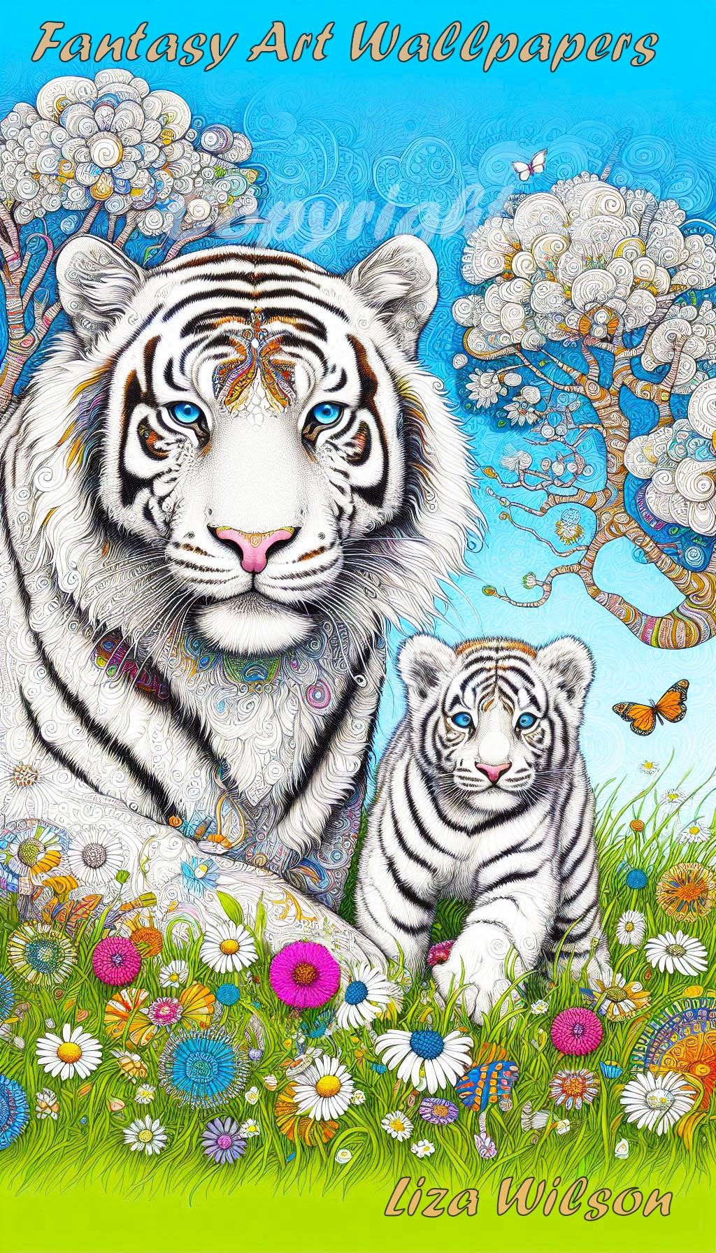 White patterned tiger, green grass, flowers, trees, blue cloudy sky, tiger cub, butterflies, android wallpaper