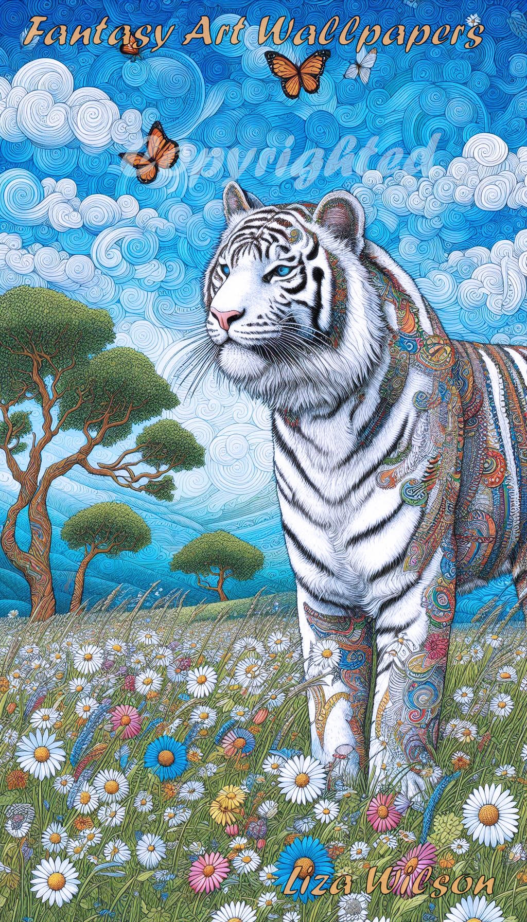 White patterned tiger, green grass, flowers, trees, blue cloudy sky, butterflies, android wallpaper