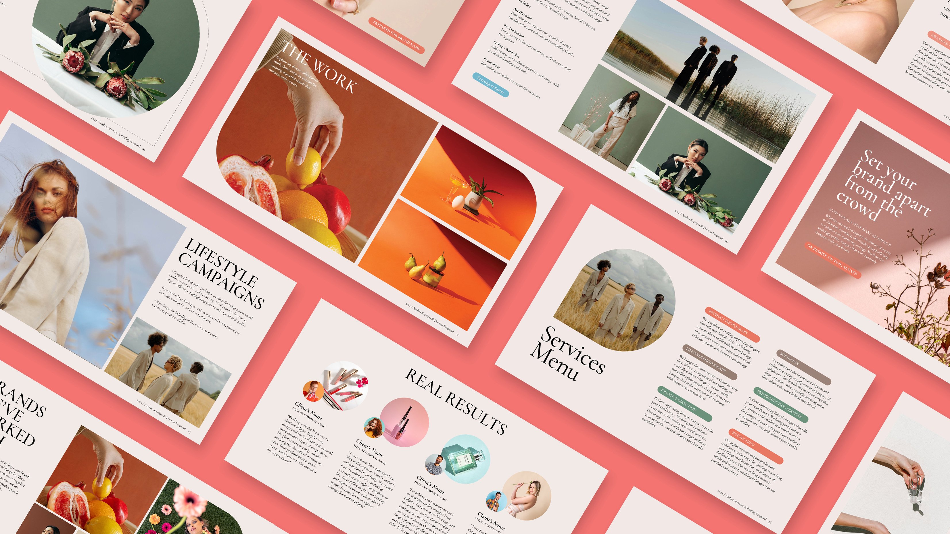 Grid showing multiple pages of a pitch deck template with beautiful photography