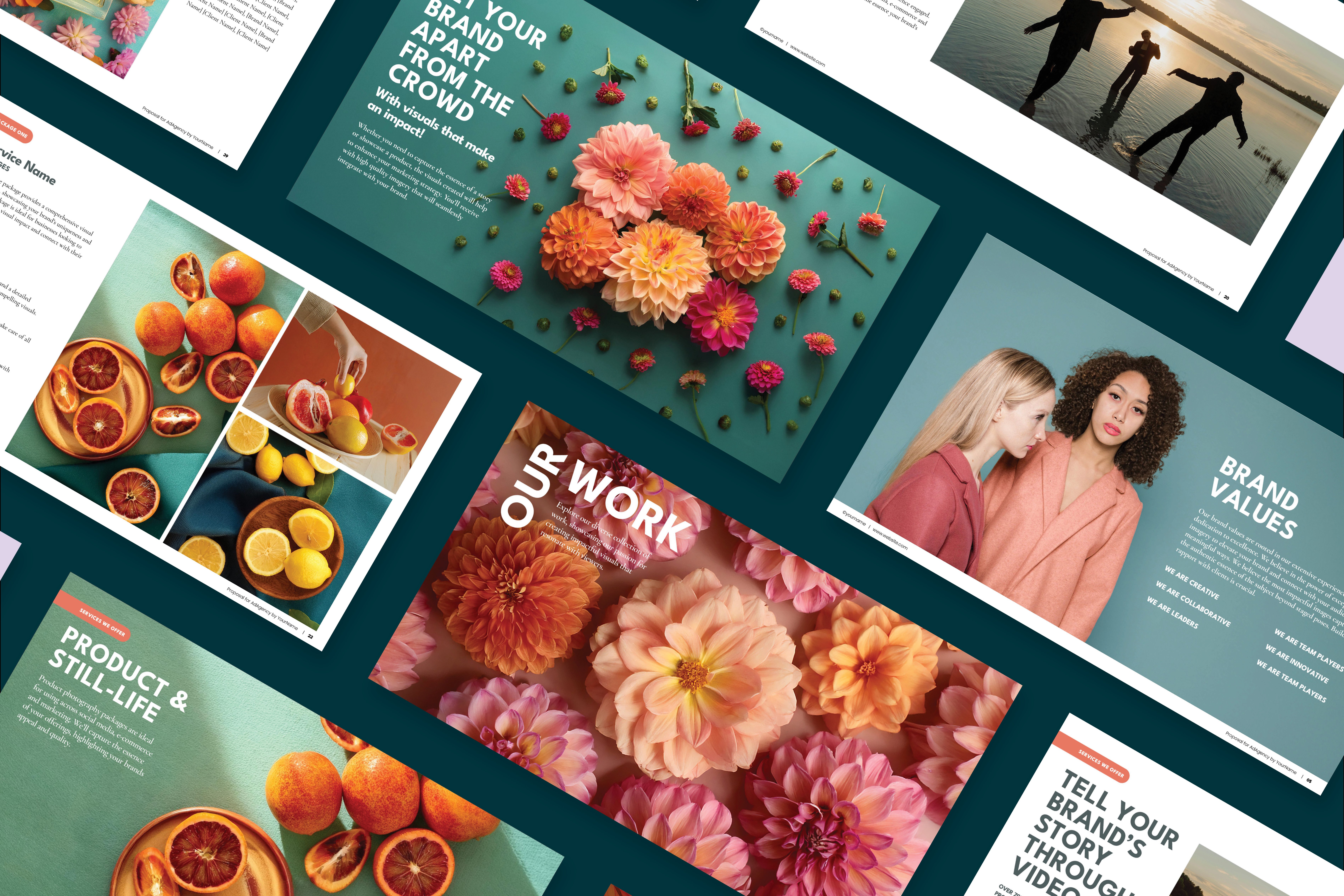 A collage of various colorful images and designs featuring flowers, fruits, and graphics. Some sections display text with themes of branding and storytelling, with a focus on vibrant visuals and creative layouts.
