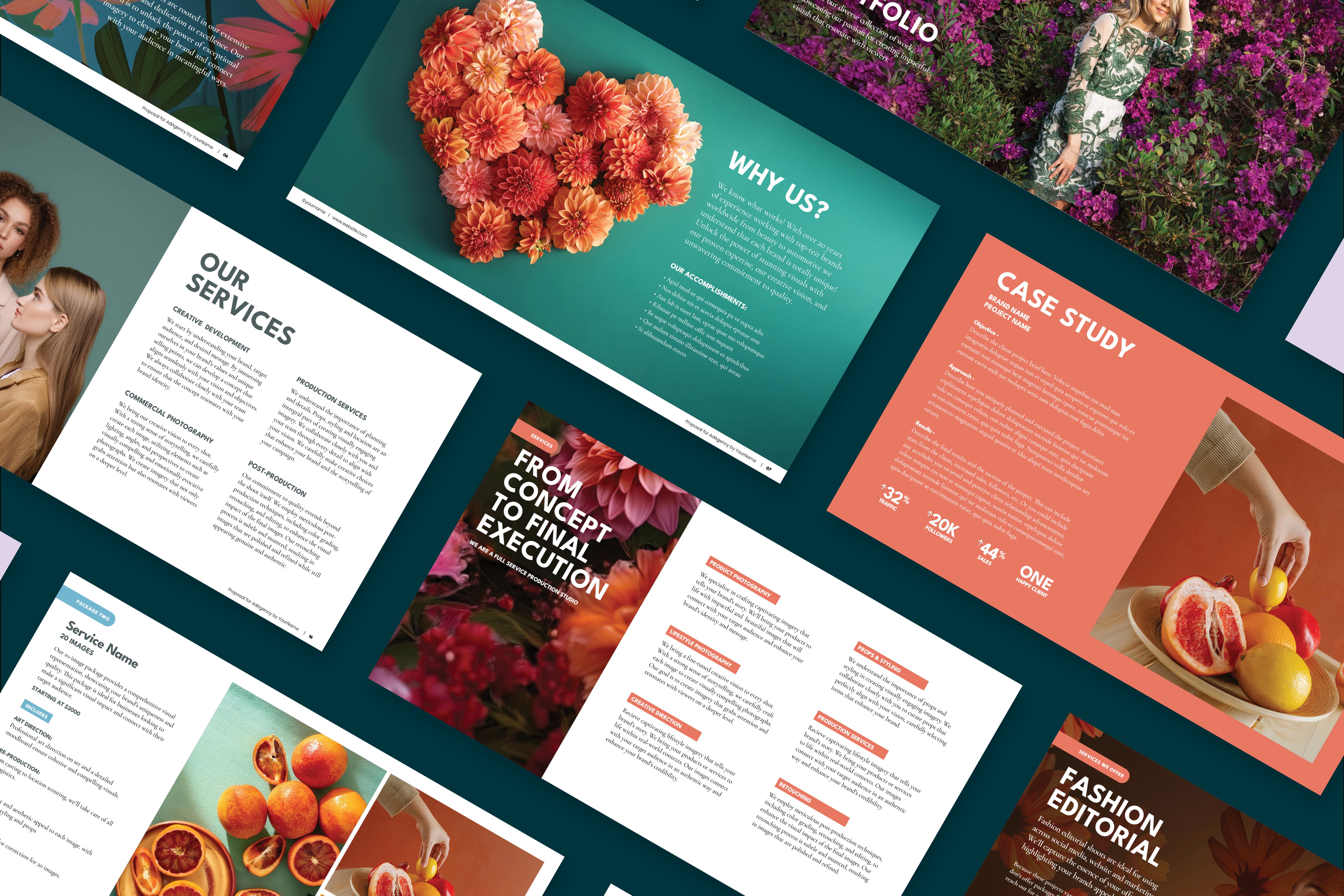 Grid showing multiple pages of a pitch deck template with beautiful photography