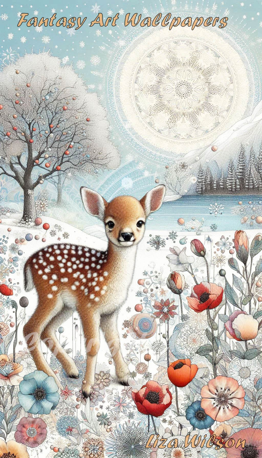 fawns, spirograph, frosty lakes, humming birds, flowers, trees, christmas wallpaper, winter wallpapers