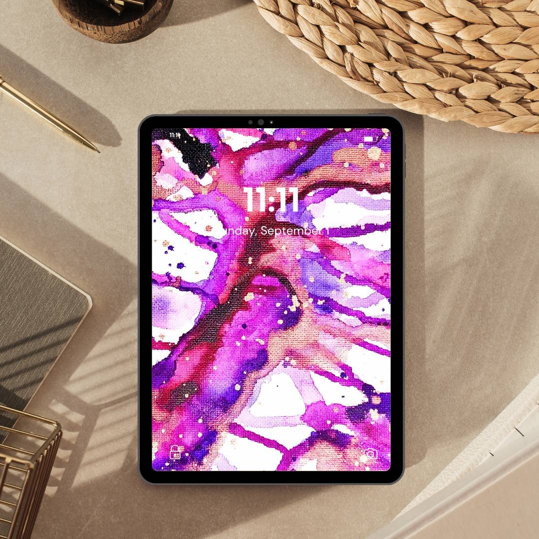 Abstract painting, Nebula V, with bold purples, magenta, black, copper, and bronze speckles; a cosmic-inspired, modern art piece.