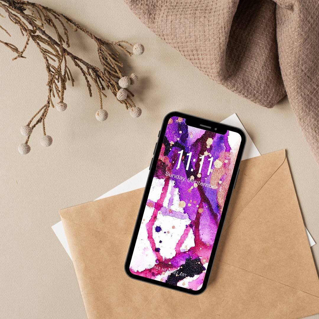 Abstract painting, Nebula V, with bold purples, magenta, black, copper, and bronze speckles; a cosmic-inspired, modern art piece.