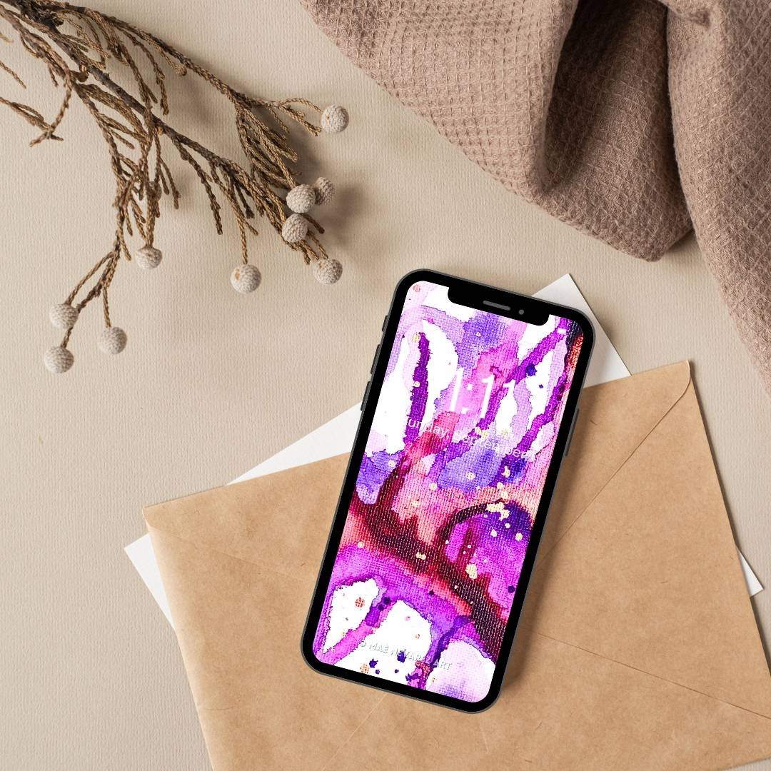 Abstract painting, Nebula V, with bold purples, magenta, black, copper, and bronze speckles; a cosmic-inspired, modern art piece.