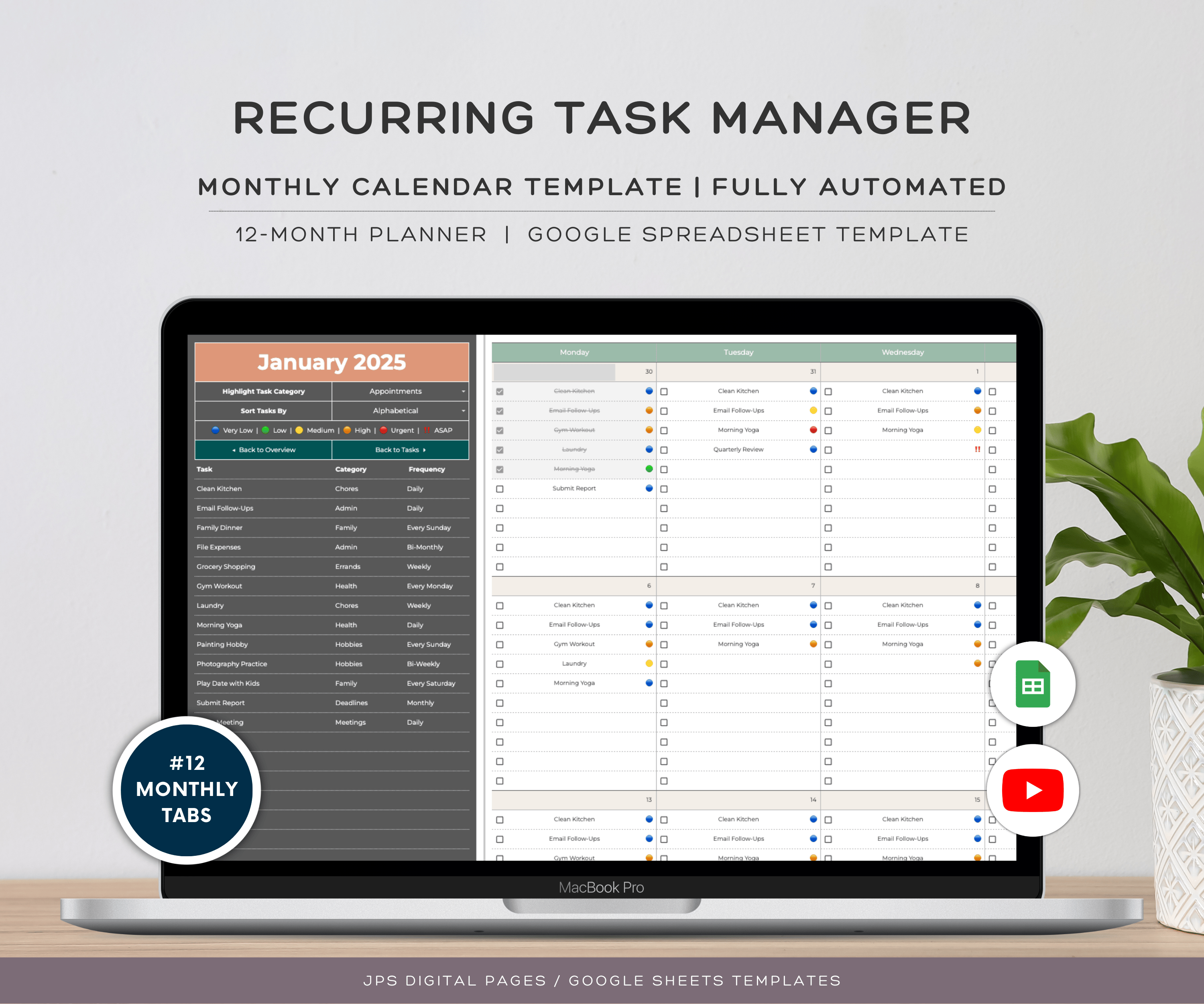 Recurring Task Chart Recurring Task Manager, Google Sheets Template, Dynamic Monthly Calendar