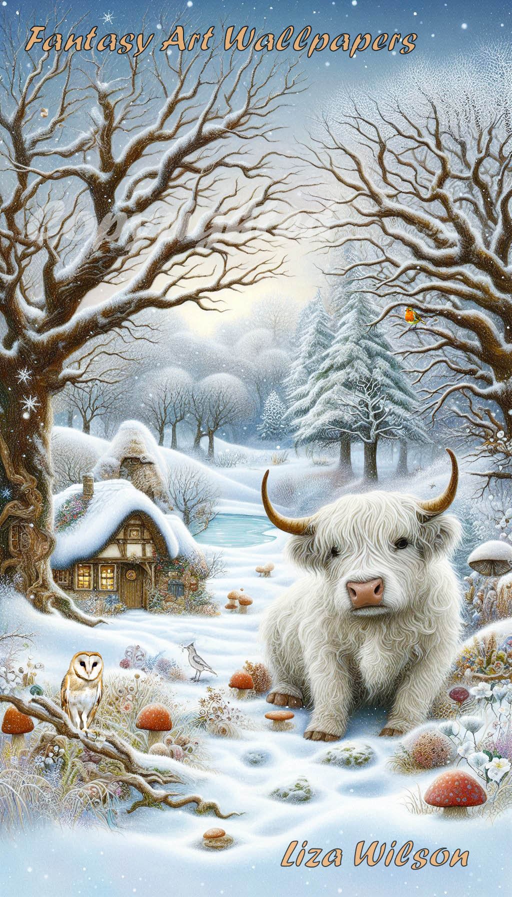 a winter snowy scene of a white highland cow with snowy twisty trees, thatched cottages, birds, flowers & mushrooms. A wallpaper for ANdroid downloads. Christmas wallpapers.