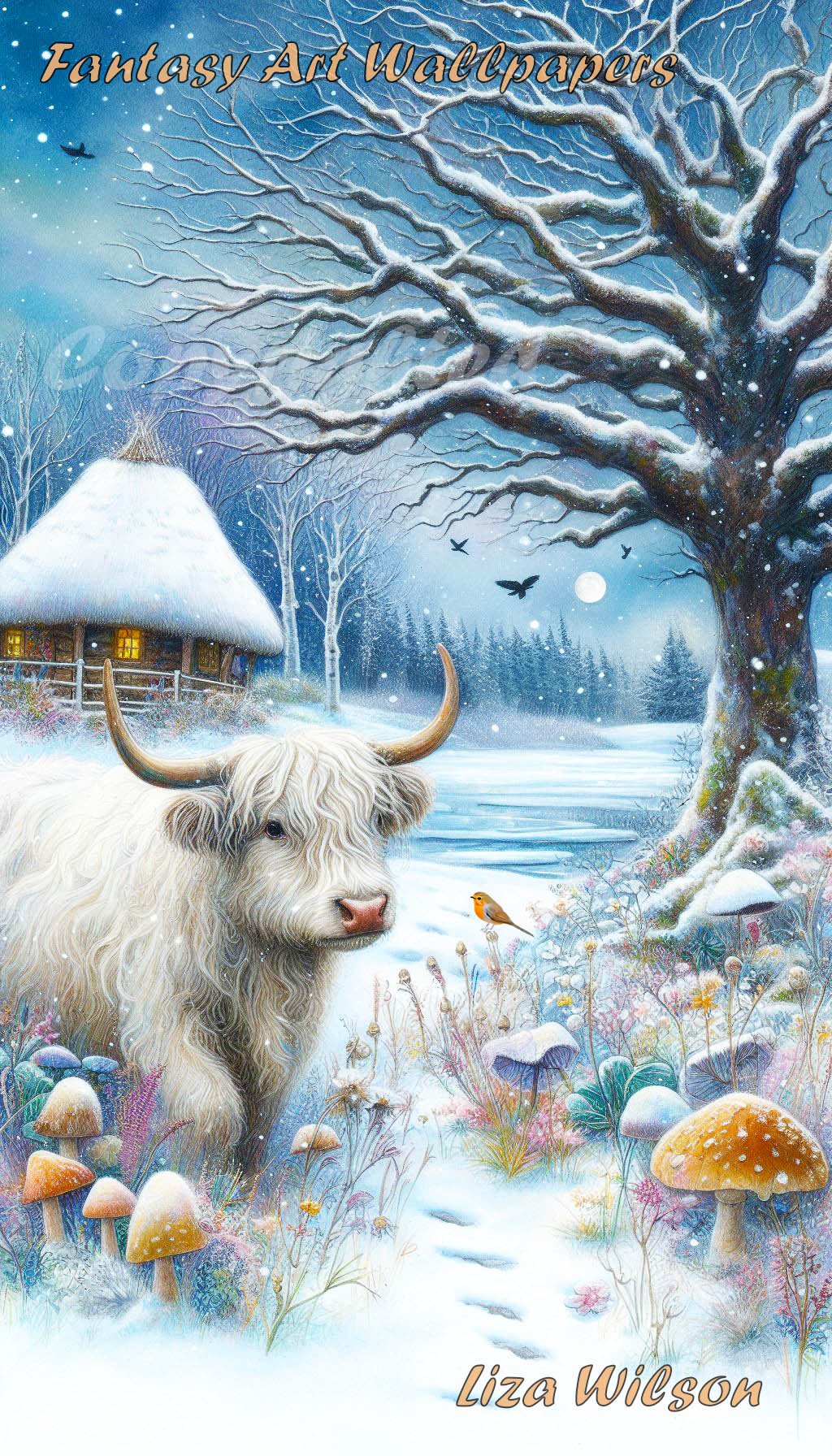 a winter snowy scene of a white highland cow with snowy twisty trees, thatched cottages, birds, flowers & mushrooms. A wallpaper for ANdroid downloads. Christmas wallpapers.