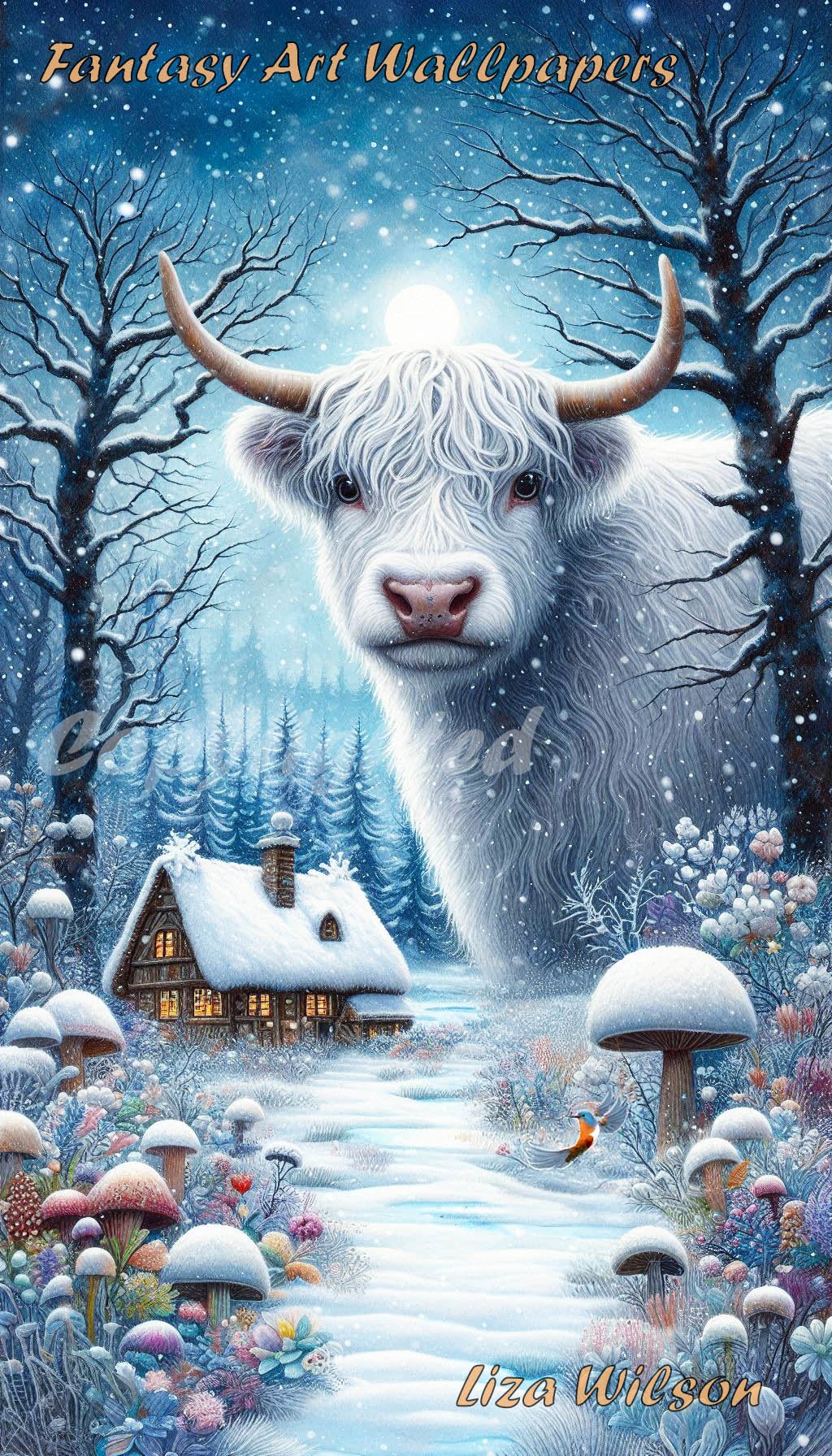 a winter snowy scene of a white highland cow with snowy twisty trees, thatched cottages, birds, flowers & mushrooms. A wallpaper for ANdroid downloads. Christmas wallpapers.