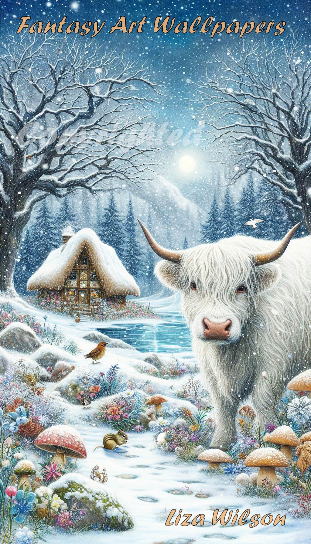 a winter snowy scene of a white highland cow with snowy twisty trees, thatched cottages, birds, flowers & mushrooms. A wallpaper for ANdroid downloads. Christmas wallpapers.